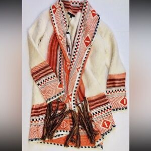 Southwestern Aztec Fringe Cardigan Boho Open Front Coatigan M Maxsport